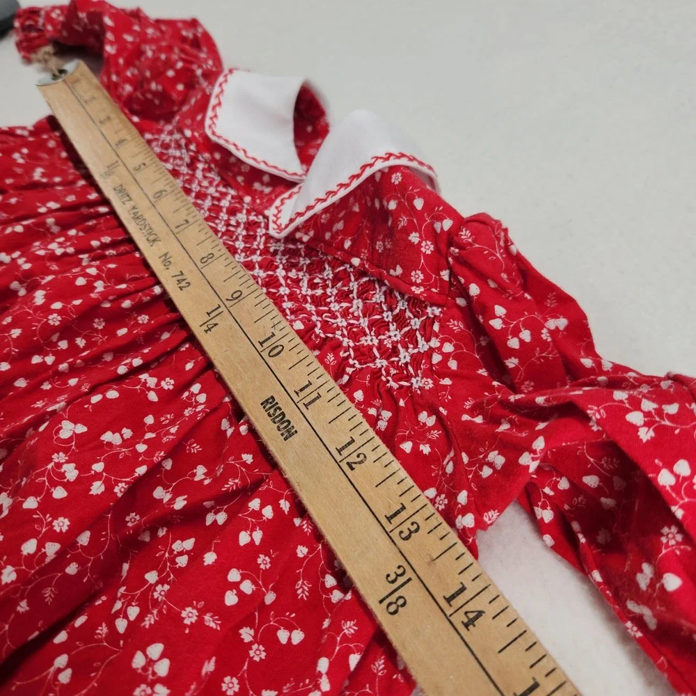 Vintage Handmade Red White Floral Smocked Dress Peter Pan Collar Toddler